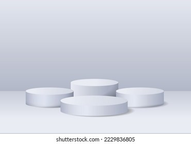 Gray 3d room with realistic podium pedestal set. Minimalist scene podium for multiple product display.
Round stage for demonstration. Vector eps 10