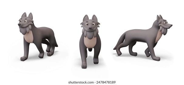 Gray 3D wolf, front and side view. Wild forest animal, predator, hunter