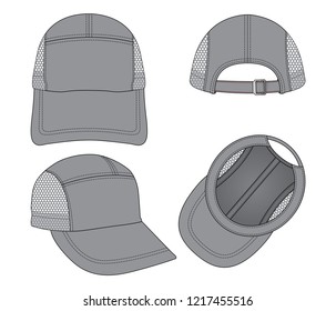 Gray 5 Panel Cap With Mesh in Side Panel, Adjustable Metal Strap Back Design Vector.