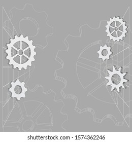 gray abstract background with gears and contours - vector cogwheels