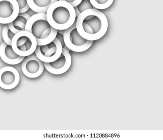 Gray abstract background with white circles. Transparent rounds with gray shadow. Geometric pattern. Vector illustration
