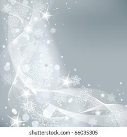 Fondo gris y abstracto de Navidad con copos de nieve blancos