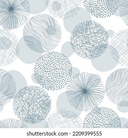 Gray Abstract Circle Textures With Scribble Lines. Dotted And Striped Modern Elements. Doodle Seamless Pattern. Hand Drawn Elements Background For Wallpaper, Wrapping, Fabric Or Cards.