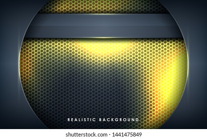 Gray abstract dimension on dark hexagon background. Realistic overlap layers texture with golden lights element decoration.