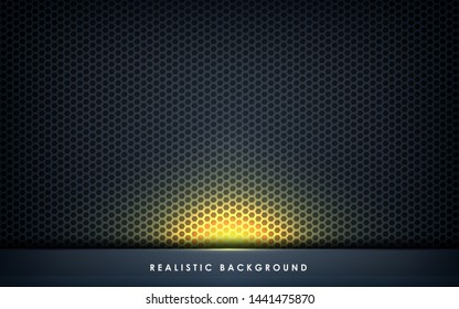 Gray abstract dimension on dark hexagon background. Realistic overlap layers texture with golden lights element decoration.