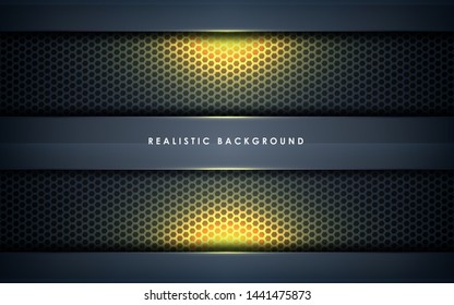 Gray abstract dimension on dark hexagon background. Realistic overlap layers texture with golden lights element decoration.