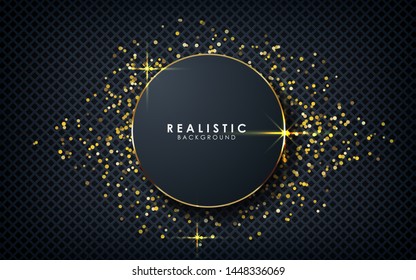 Gray abstract dimension on dark textured background. Realistic overlap layers texture with golden lights and golden glitters element decoration.