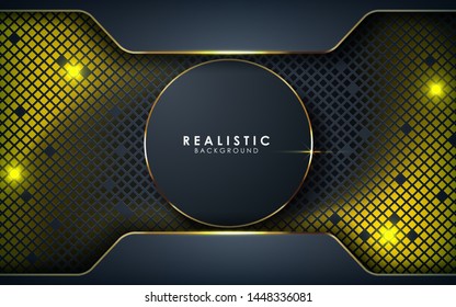 Gray abstract dimension on dark textured background. Realistic overlap layers texture with golden lights element decoration.