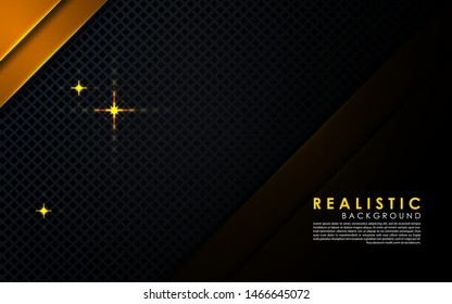 Gray abstract dimension on dark textured background. Realistic overlap layers texture with golden lights element decoration.