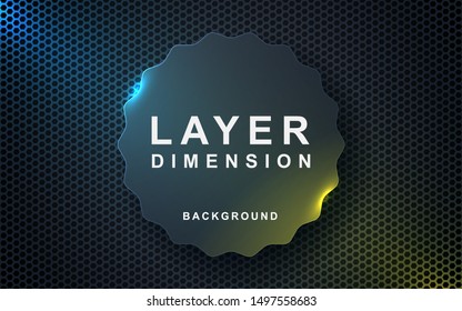 Gray abstract dimension on dark hexagon background. Realistic layers texture with blue and yellow lights decoration.
