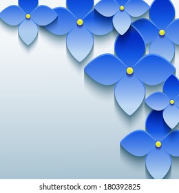 Gray abstract floral background with blue cut paper 3d flowers. Stylish trendy modern background. Vector illustration