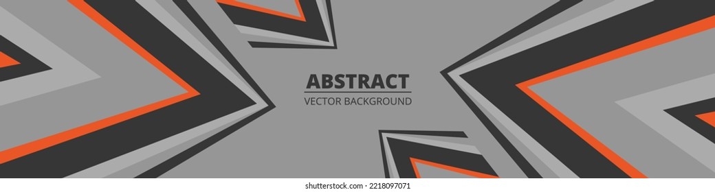 Gray abstract wide horizontal banner with orange and gray lines, arrows and angles. Modern sporty bright futuristic horizontal abstract background. Vector illustration