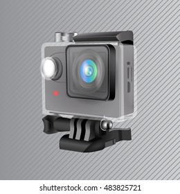 Gray action camera with blue lens in waterproof box. Realistic vector icon