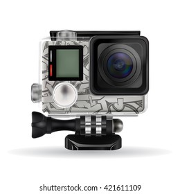 Gray action video camera painted with light wild style graffiti pattern. Vector image isolated on white background. Gear for picturing extreme sports.