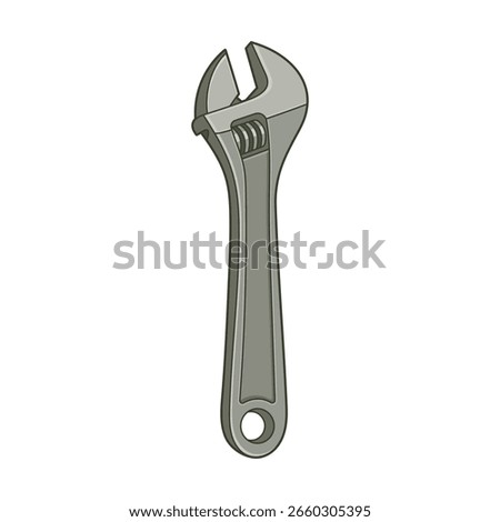 A gray adjustable wrench tool isolated on white backdrop. Cartoon drawing.