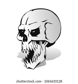 Gray aggressive skull with open jaw with shadow, silhouette on white background, vector