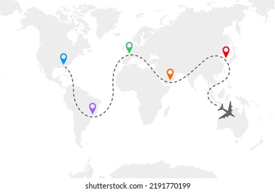 A gray airplane flying over a world map. Gray dashed route line and colored stop icons. Vector illustration