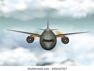 Gray airplane flying through the clouds illustration