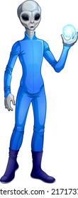 Gray alien with blue suit. Vector isolated character