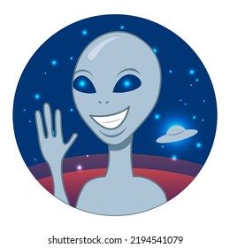Gray alien in space waving goodbye or hello. Friendly alien. Alien in space. Alien and UFO spaceship vector illustration. Happy smiling humanoid. 