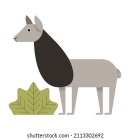 A gray alpaca stands next to a geometric green bush. Simplified style of an animal with hooves.