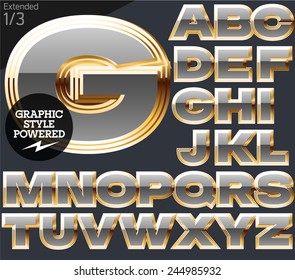 Gray alphabet with golden border. Extended. File contains graphic styles available in Illustrator. Set 1