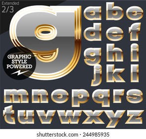 Gray alphabet with golden border. Extended. File contains graphic styles available in Illustrator. Set 2