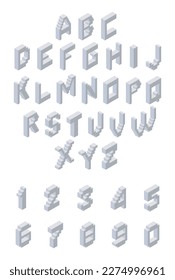 Gray alphabet in isometry with numbers. Vector clipart