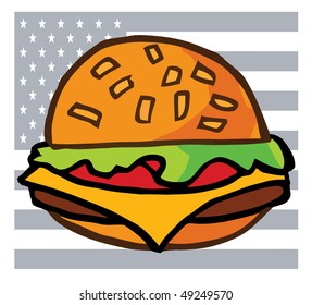 Gray American Flag Behind A Cheeseburger