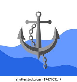Gray anchor with a chain on a background of blue sea waves