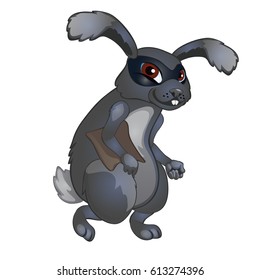 Gray animated hare thief isolated on white background. Vector cartoon close-up illustration.