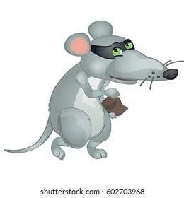 Gray animated mouse thief isolated on white background. Vector cartoon close-up illustration.