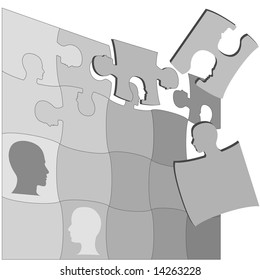 Die grauen Bereiche eines Puzzles "Menschen vor dem Puzzle"deuten auf die Komplexität der psychischen Gesundheit und anderer menschlicher Probleme hin.