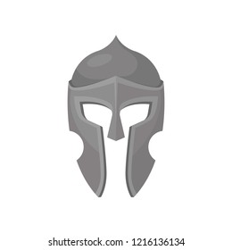 Gray armour helmet. Medieval protective headgear for knight. Solid metal face mask. Flat vector design