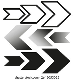 Direções de seta cinza. Símbolos de divisa tripla. Ícones de navegação de vetor. Design de ponteiro monocromático.