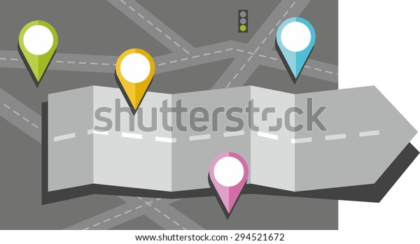 Gray arrow, road, map, route, object, icon, destination,\
color, flat. Colored, flat illustration with an arrow in the form\
of a road on a dark gray background. Top placed bright colored\
object icons. 