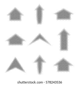 Setas cinzas de diferentes formas com efeito de meio-tom, isoladas em fundo branco, ilustração vetorial.