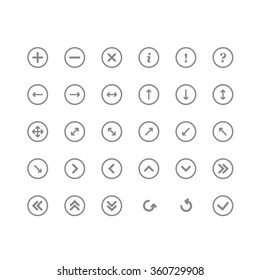 Gray arrows icons on white background. Add icon, delete icon, info icon, attention icon and help icon.