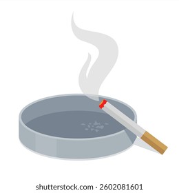gray ashtray and burning cigarette lying on it. flat illustration