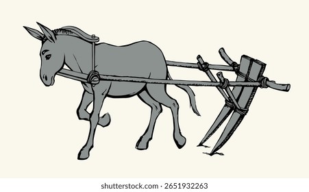 Cinza asiático burro como raça garanhão animal de estimação go rancho fardo isolado espaço de texto branco. Linha preta desenhada à mão esboço masculino mule beast mare montar equino retro história rústica Ásia ícone ícone cultura de ponte