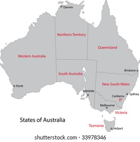 Gray Australia map with regions and main cities