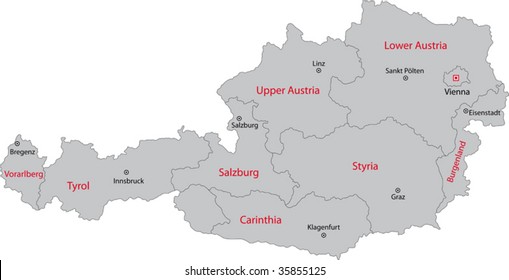 Gray Austria map with states and main cities