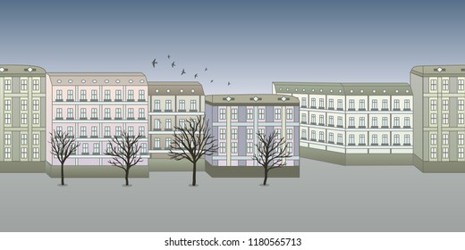 Gray autumn city background. Colored flat line vector illustration. Horizontal.