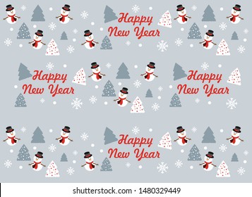 gray background with abstract Christmas trees, snowman and snowflakes