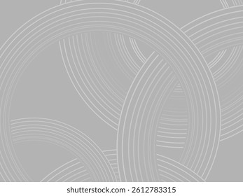 Gray background with abstract design of gray gradient circular lines. The 3d circular pattern consists of repeating curved lines, creating a sense of movement and depth.