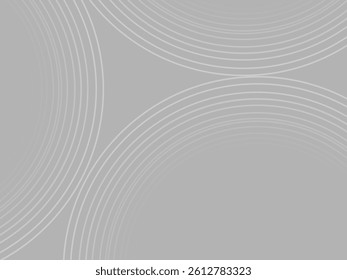 Gray background with abstract design of gray gradient circular lines. The 3d circular pattern consists of repeating curved lines, creating a sense of movement and depth.