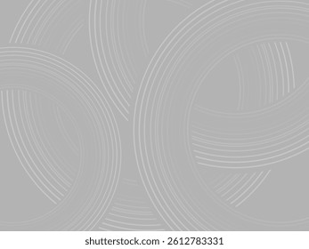 Gray background with abstract design of gray gradient circular lines. The 3d circular pattern consists of repeating curved lines, creating a sense of movement and depth.