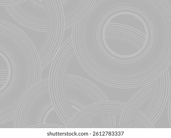 Gray background with abstract design of gray gradient circular lines. The 3d circular pattern consists of repeating curved lines, creating a sense of movement and depth.