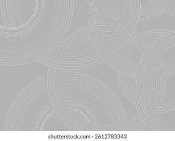 Gray background with abstract design of gray gradient circular lines. The 3d circular pattern consists of repeating curved lines, creating a sense of movement and depth.