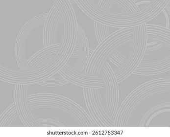 Gray background with abstract design of gray gradient circular lines. The 3d circular pattern consists of repeating curved lines, creating a sense of movement and depth.